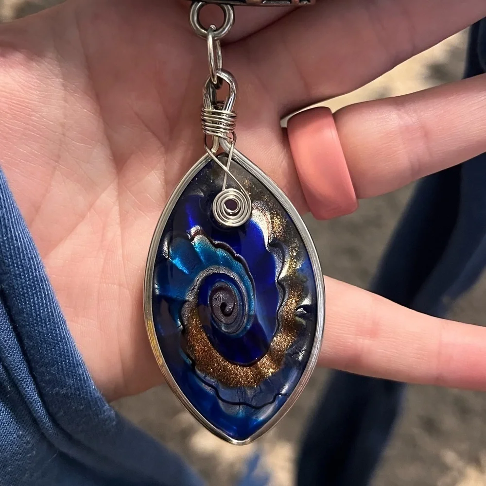 Vintage Boho-Chic Navy Scarf with Teardrop Shaped Pendant